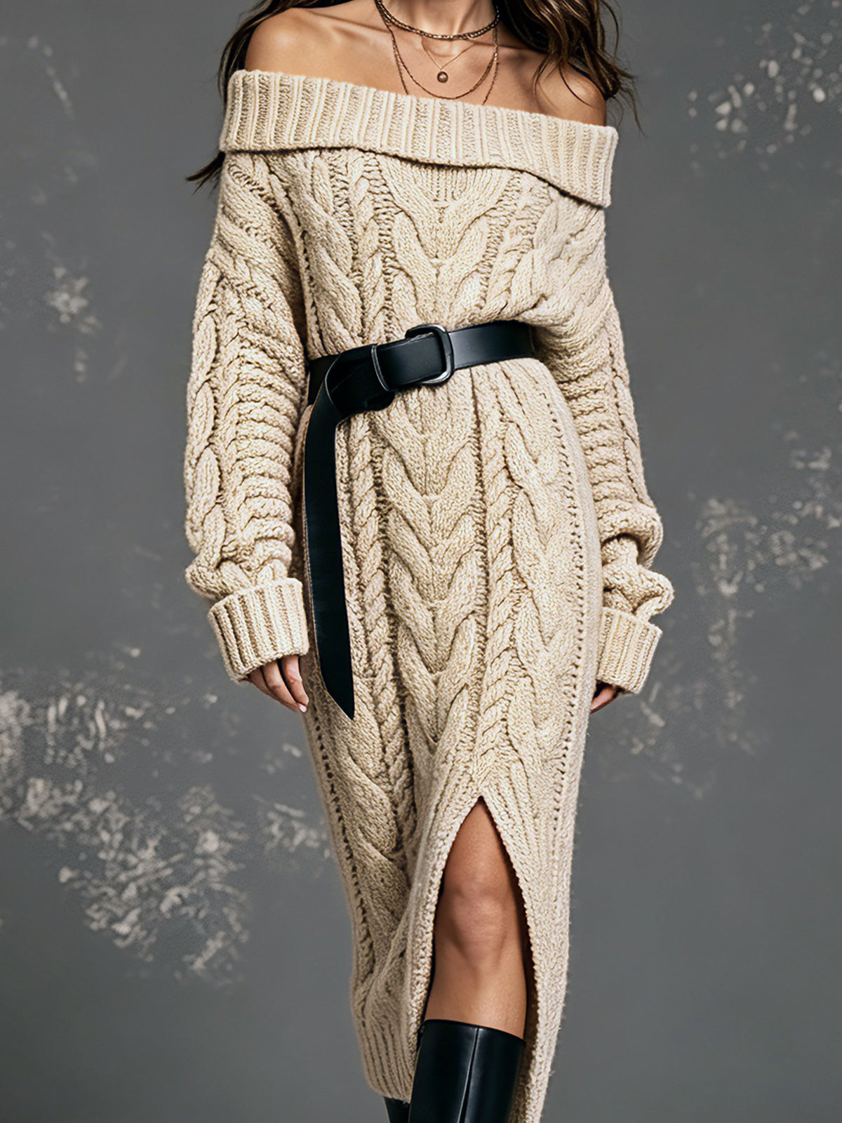Chic Elegant Beige Off-The-Shoulder Long-Sleeve Belted Slit Detail Loose-Fit Warm Cotton Cable Knit Midi Dress