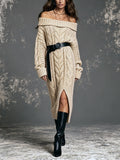 Chic Elegant Beige Off-The-Shoulder Long-Sleeve Belted Slit Detail Loose-Fit Warm Cotton Cable Knit Midi Dress