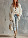 Chic Elegant White V-Neck Single-Breasted Dropped Shoulder Long-Sleeve Loose-Fit Mohair Knit Cardigan