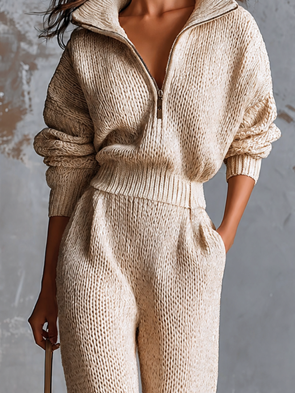Chic Elegant Oatmeal Half-Zipper Collar Dropped Shoulder Long-Sleeve Elastic-Waist Loose-Fit Knit Jumpsuit