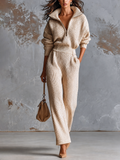 Chic Elegant Oatmeal Half-Zipper Collar Dropped Shoulder Long-Sleeve Elastic-Waist Loose-Fit Knit Jumpsuit