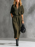 Chic Elegant Army Green Zipper-Front Stand Collar Short-Raglan-Sleeve Elastic Wasit Loose-Fit Ribbed Knit Midi Dress