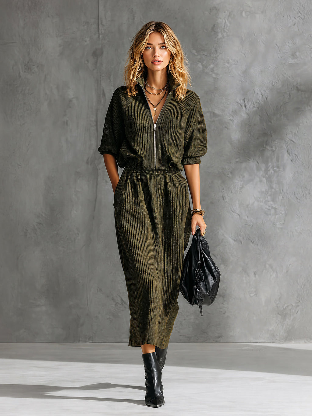 Chic Elegant Army Green Zipper-Front Stand Collar Short-Raglan-Sleeve Elastic Wasit Loose-Fit Ribbed Knit Midi Dress