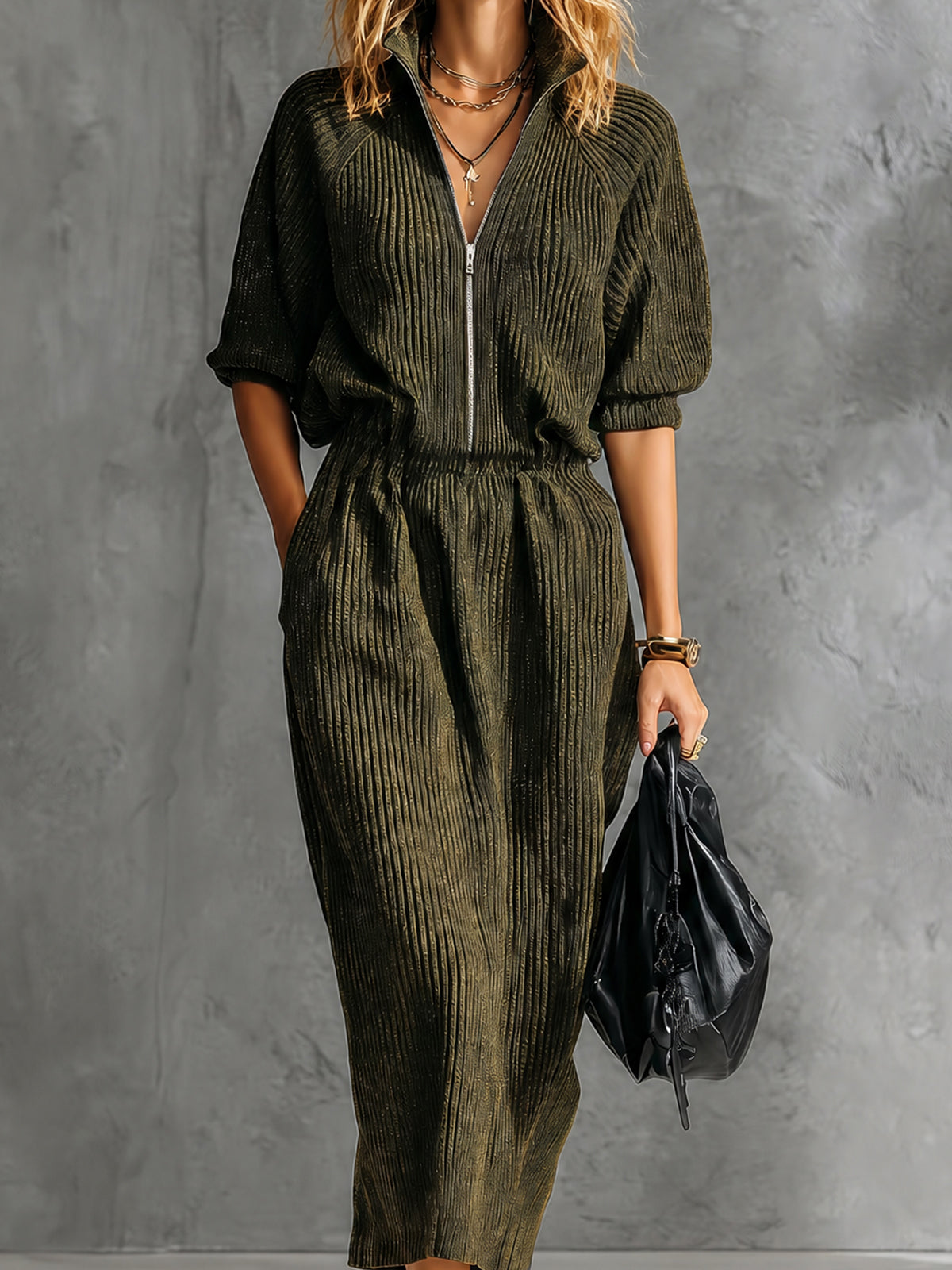 Chic Elegant Army Green Zipper-Front Stand Collar Short-Raglan-Sleeve Elastic Wasit Loose-Fit Ribbed Knit Midi Dress