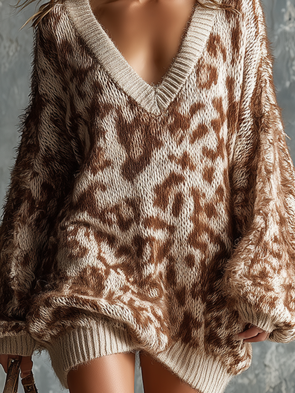 Chic Elegant Brown-Off White Leopard Jacquard V-Neck Dropped Shoulder Long-Sleeve Loose-Fit Fuzzy Knit Mini Dress