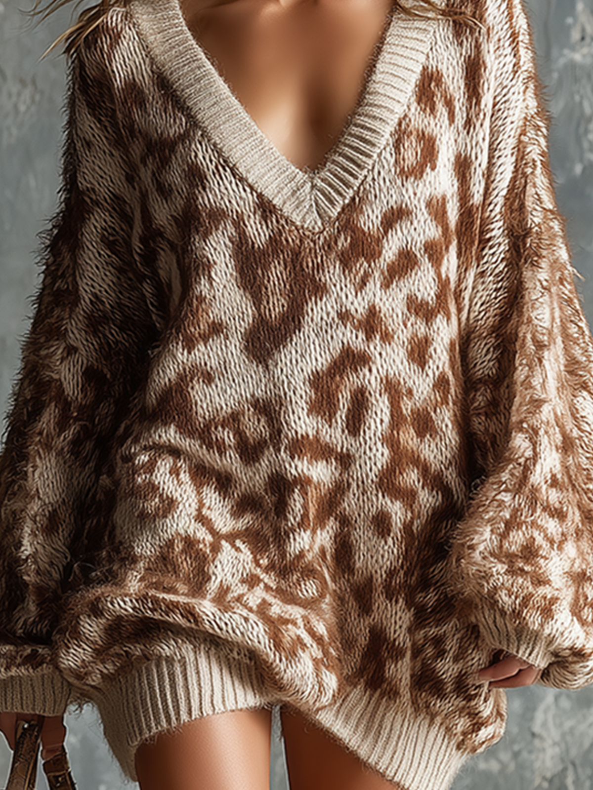 Chic Elegant Brown-Off White Leopard Jacquard V-Neck Dropped Shoulder Long-Sleeve Loose-Fit Fuzzy Knit Mini Dress