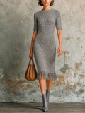 Chic Elegant Heather Grey Round-Neck Short-Sleeve Fringe Hem Slim-Fit Knit Midi Dress
