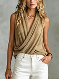 Chic Elegant Khaki V-Neck Cross-Front Sleeveless Loose-Fit Soft Mesh Knit Vest Top