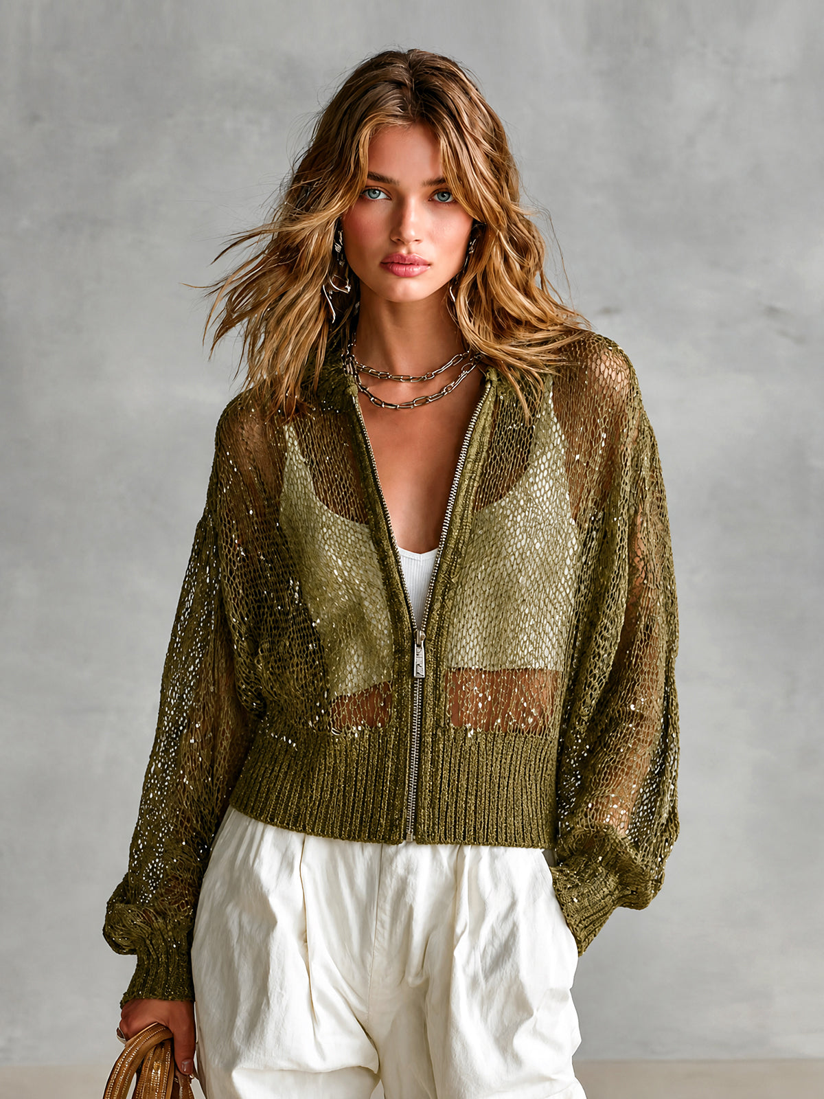 Chic Elegant Army Green Sequins Round-Collar Zipper-Placket Dropped Shoulder Long-Sleeve Loose-Fit Knit Cardigan