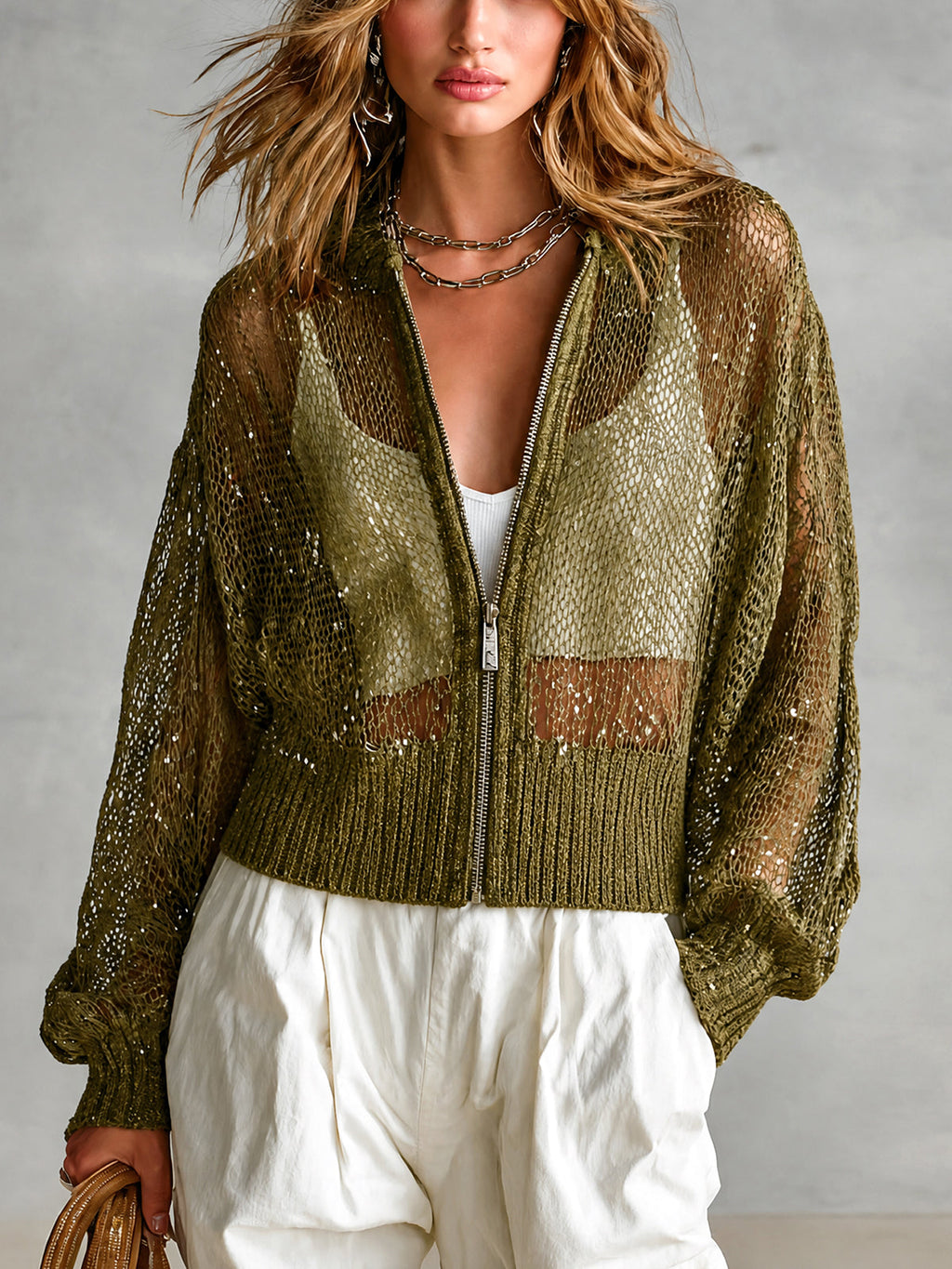Chic Elegant Army Green Sequins Round-Collar Zipper-Placket Dropped Shoulder Long-Sleeve Loose-Fit Knit Cardigan