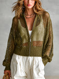 Chic Elegant Army Green Sequins Round-Collar Zipper-Placket Dropped Shoulder Long-Sleeve Loose-Fit Knit Cardigan