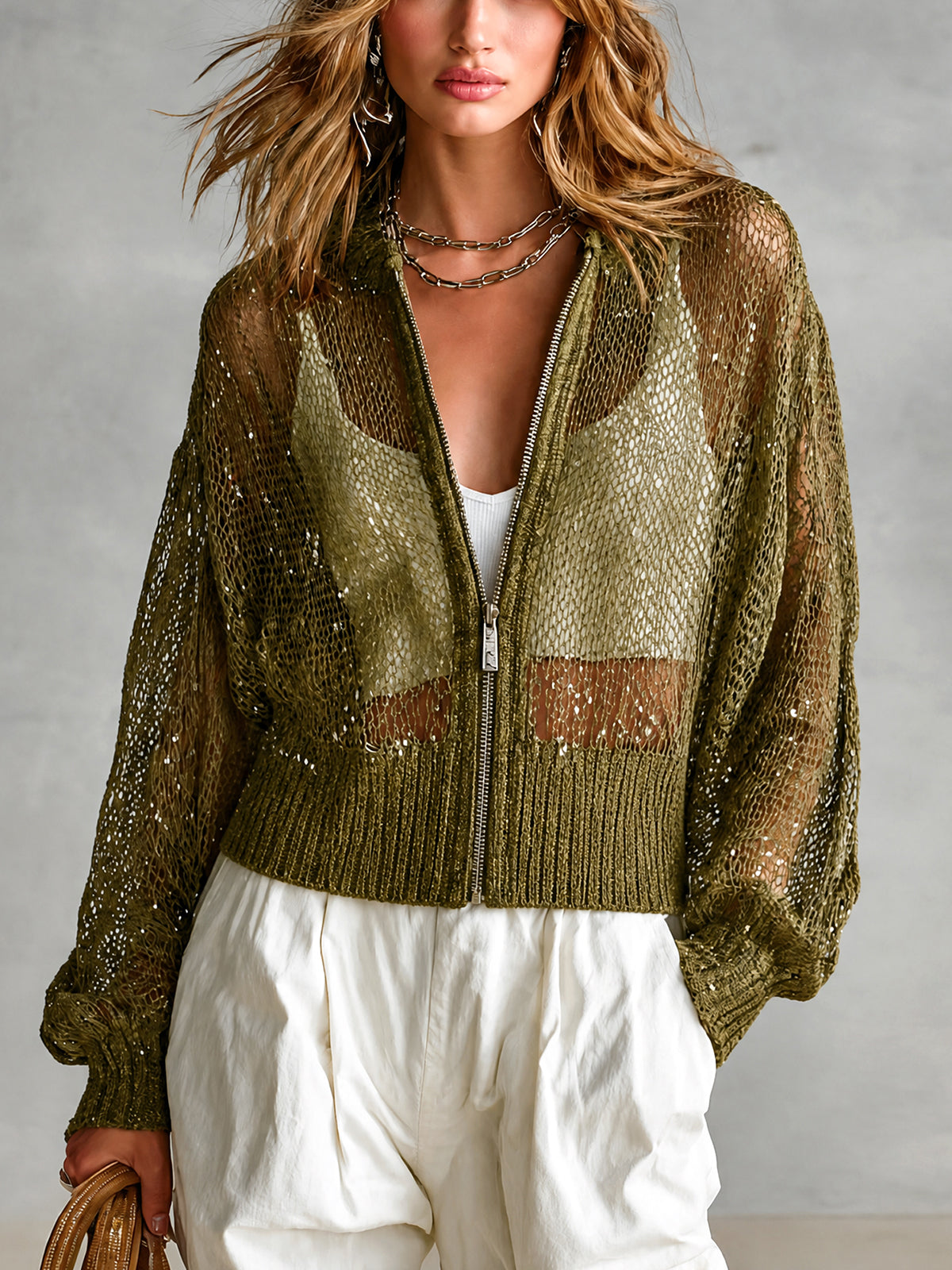 Chic Elegant Army Green Sequins Round-Collar Zipper-Placket Dropped Shoulder Long-Sleeve Loose-Fit Knit Cardigan
