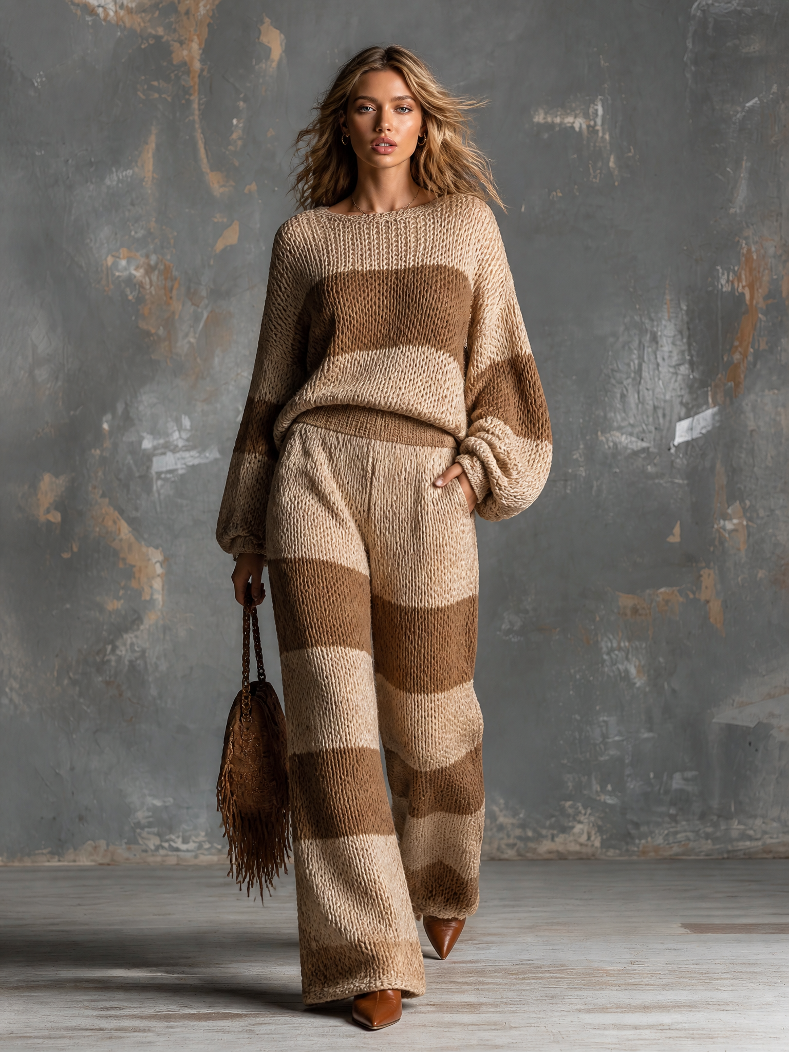 Chic Elegant Camel-Beige Wide Stripe Boat Neck Long-Sleeve Loose-Fit Sweater Elastic-Waist Pants Knit Two-Piece Set