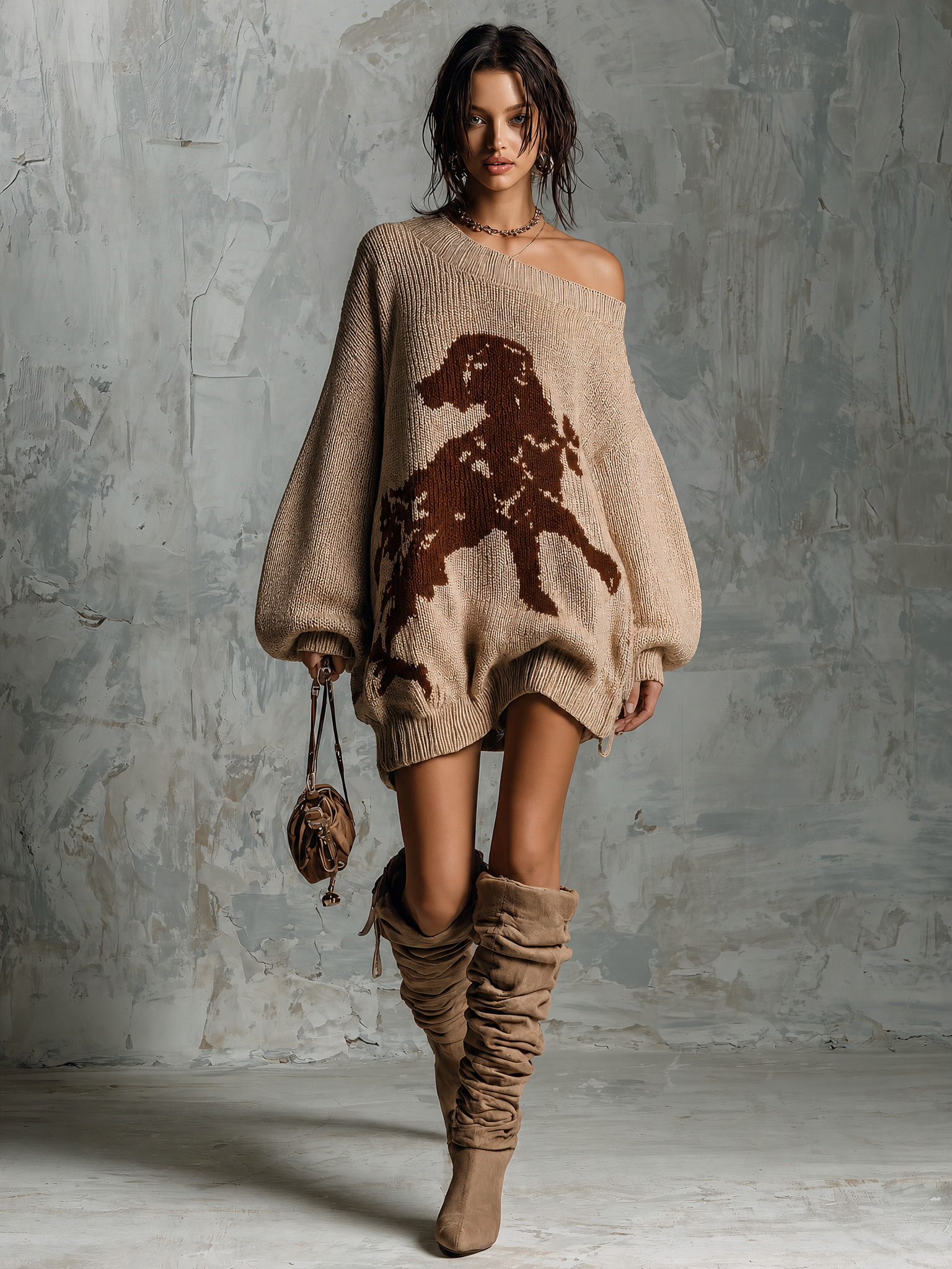 Chic Casual Oatmeal One Shoulder Dog Jacquard Dropped Shoulder Long-Sleeve Loose-Fit Knit Mini Dress