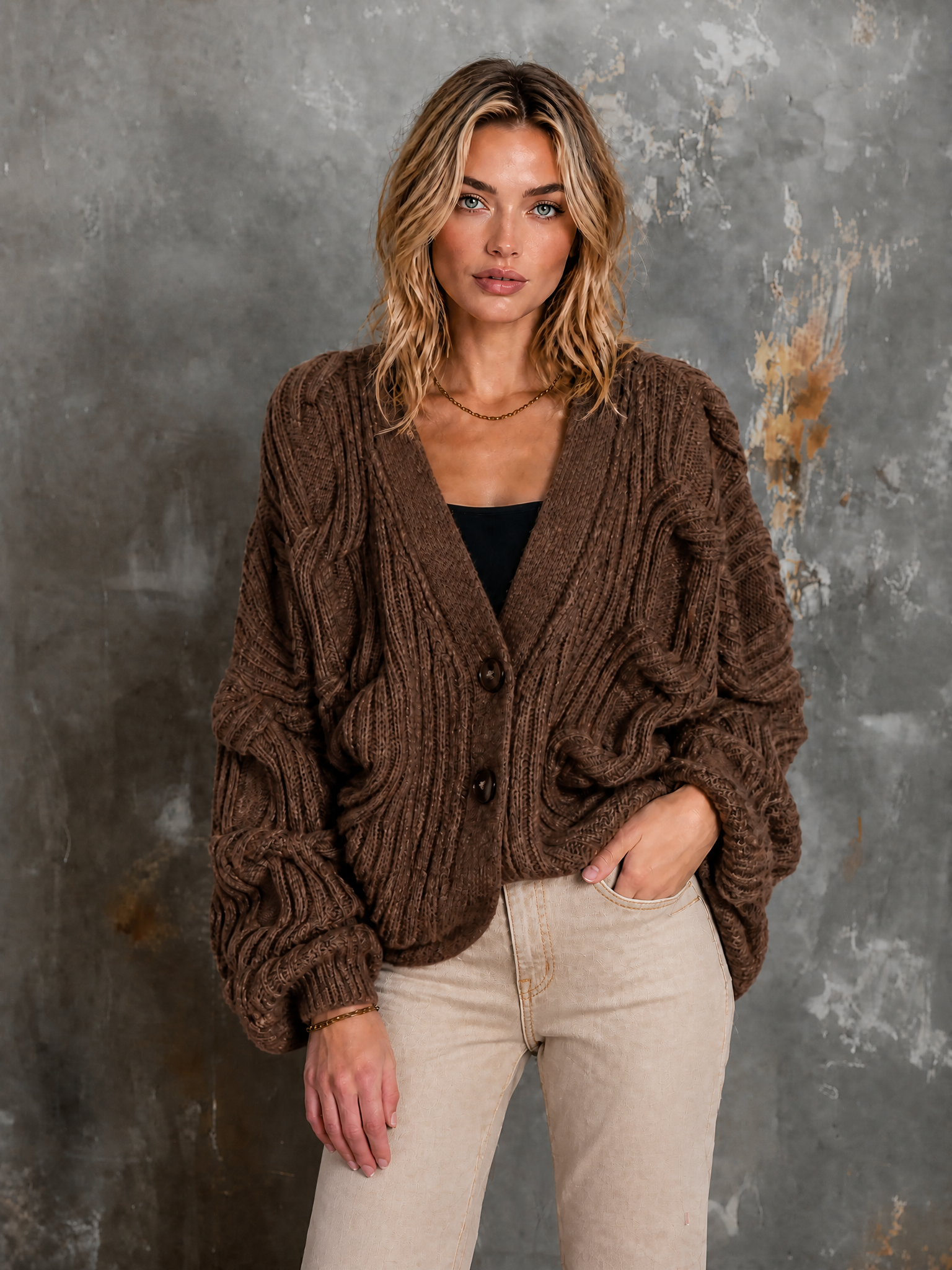 Chic Elegant Brown V-Neck Single-Breasted Dropped Shoulder Long-Sleeve Loose-Fit Cable Knit Cardigan Top