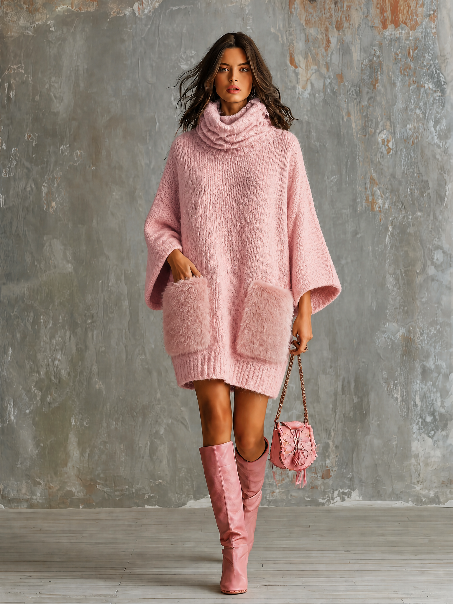 Chic Casual Dusty Pink Cowl Neck Flare Three-Quarter Loose Sleeves Faux Fur Plush Patch Pockets Loose-Fit Knit Mini Dress