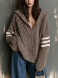 Chic Elegant Brown Lapel V-Neck Dropped Shoulder Long-Sleeve White Stripes Detail Oversize Ribbed Knit Sweater