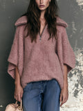 Chic Elegant Pink Zipper-Up Lapel Collar Dropped Shoulder Half-Sleeve Oversize Soft Knit Sweater