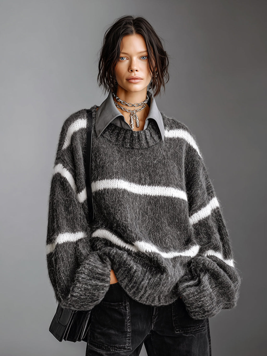 Chic Casual Gray-White Stripes Lapel Collar Dropped Shoulder Long-Sleeve Oversize Soft Knit Faux-Two-Piece Sweater