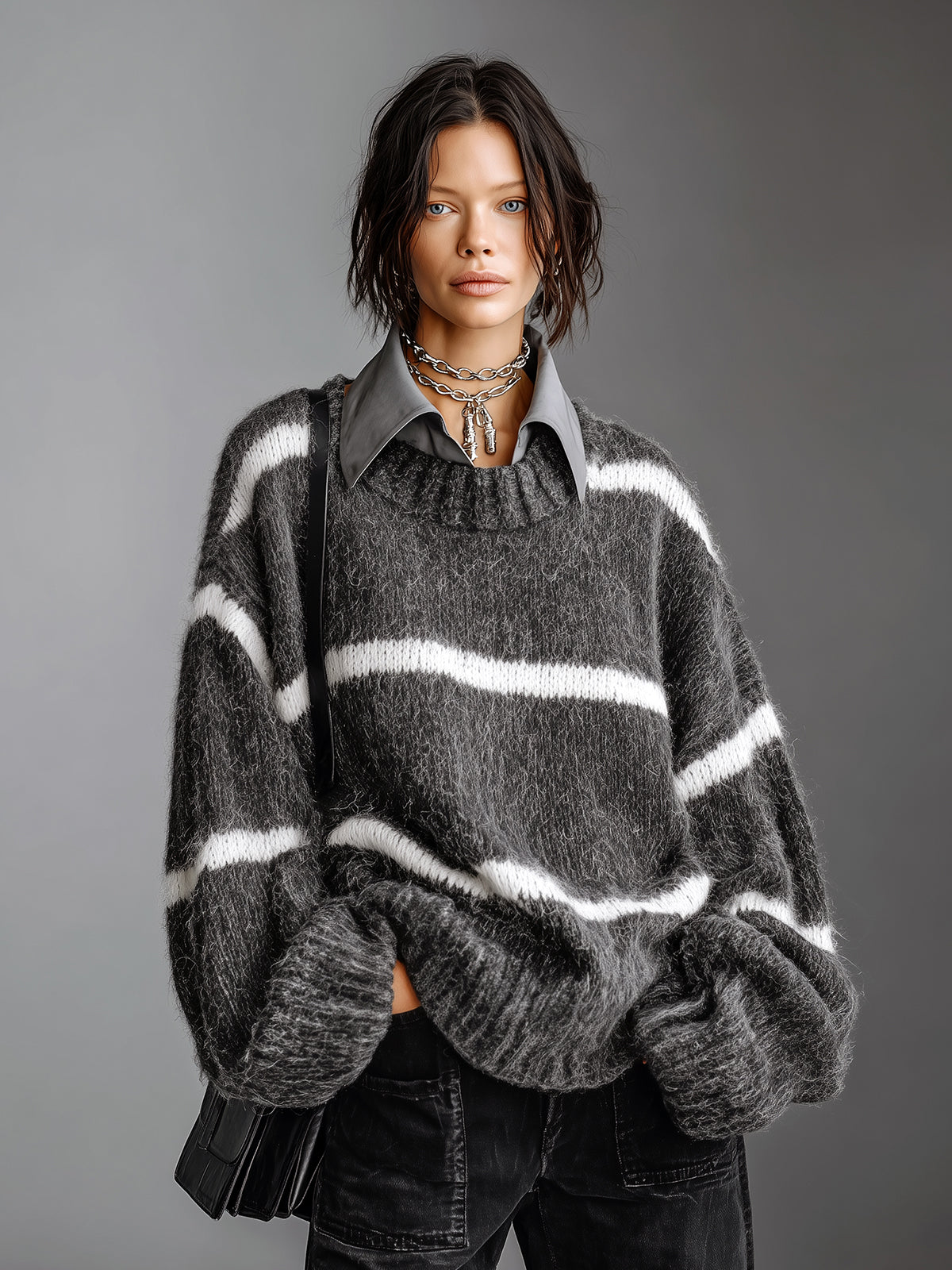 Chic Casual Gray-White Stripes Lapel Collar Dropped Shoulder Long-Sleeve Oversize Soft Knit Faux-Two-Piece Sweater