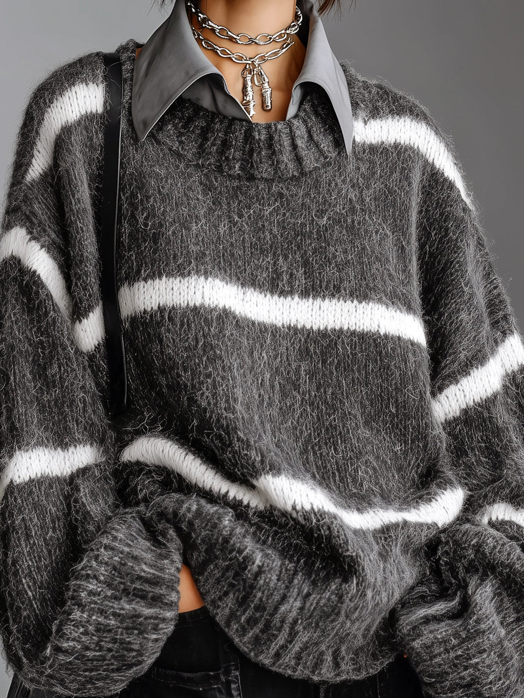 Chic Casual Gray-White Stripes Lapel Collar Dropped Shoulder Long-Sleeve Oversize Soft Knit Faux-Two-Piece Sweater