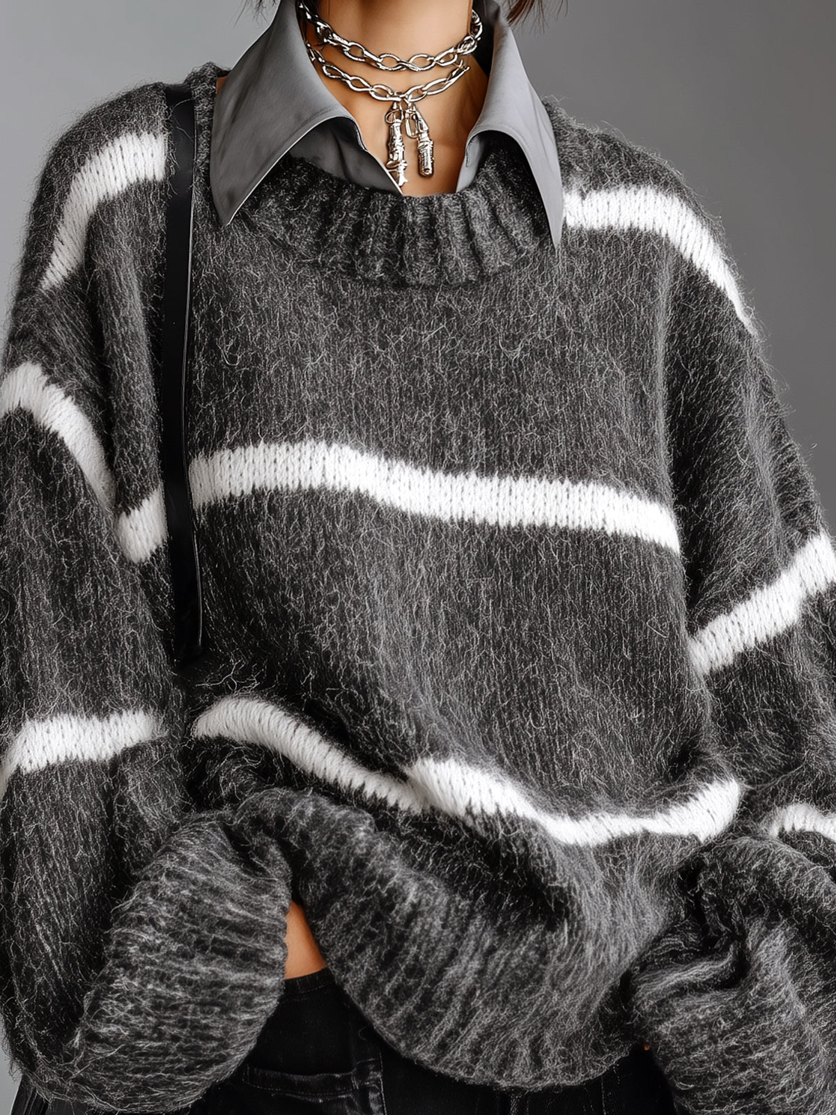Chic Casual Gray-White Stripes Lapel Collar Dropped Shoulder Long-Sleeve Oversize Soft Knit Faux-Two-Piece Sweater