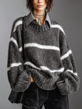 Chic Casual Gray-White Stripes Lapel Collar Dropped Shoulder Long-Sleeve Oversize Soft Knit Faux-Two-Piece Sweater