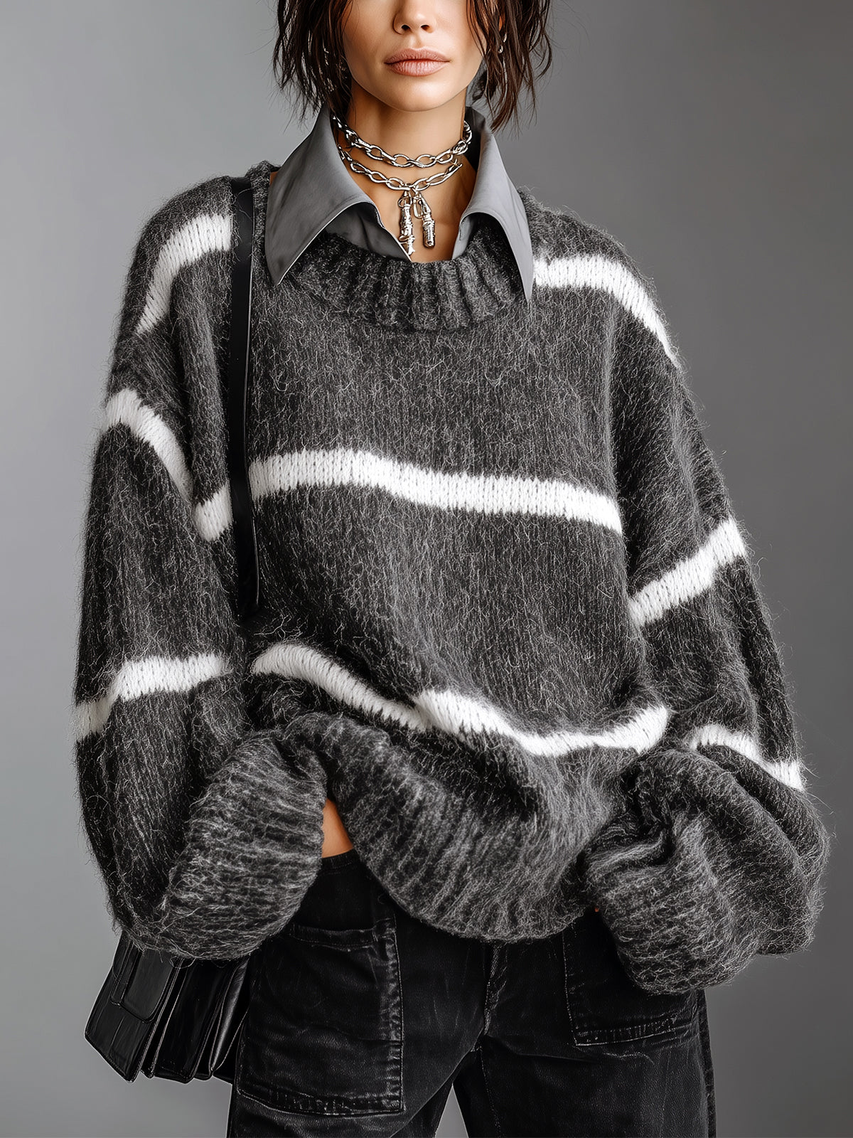Chic Casual Gray-White Stripes Lapel Collar Dropped Shoulder Long-Sleeve Oversize Soft Knit Faux-Two-Piece Sweater