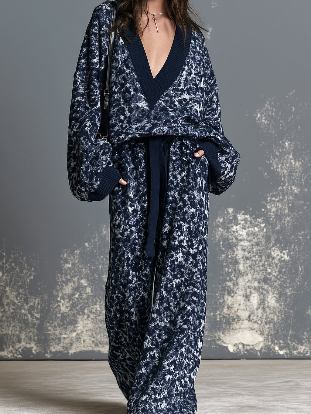 Chic Navy Blue Leopard Jacquard Deep V-Neck Dropped Shoulder Long-Sleeve Loose-Fit Sweater Drawstring-Waist Wide-Leg Pants Knit Two-Piece Set