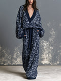 Chic Navy Blue Leopard Jacquard Deep V-Neck Dropped Shoulder Long-Sleeve Loose-Fit Sweater Drawstring-Waist Wide-Leg Pants Knit Two-Piece Set