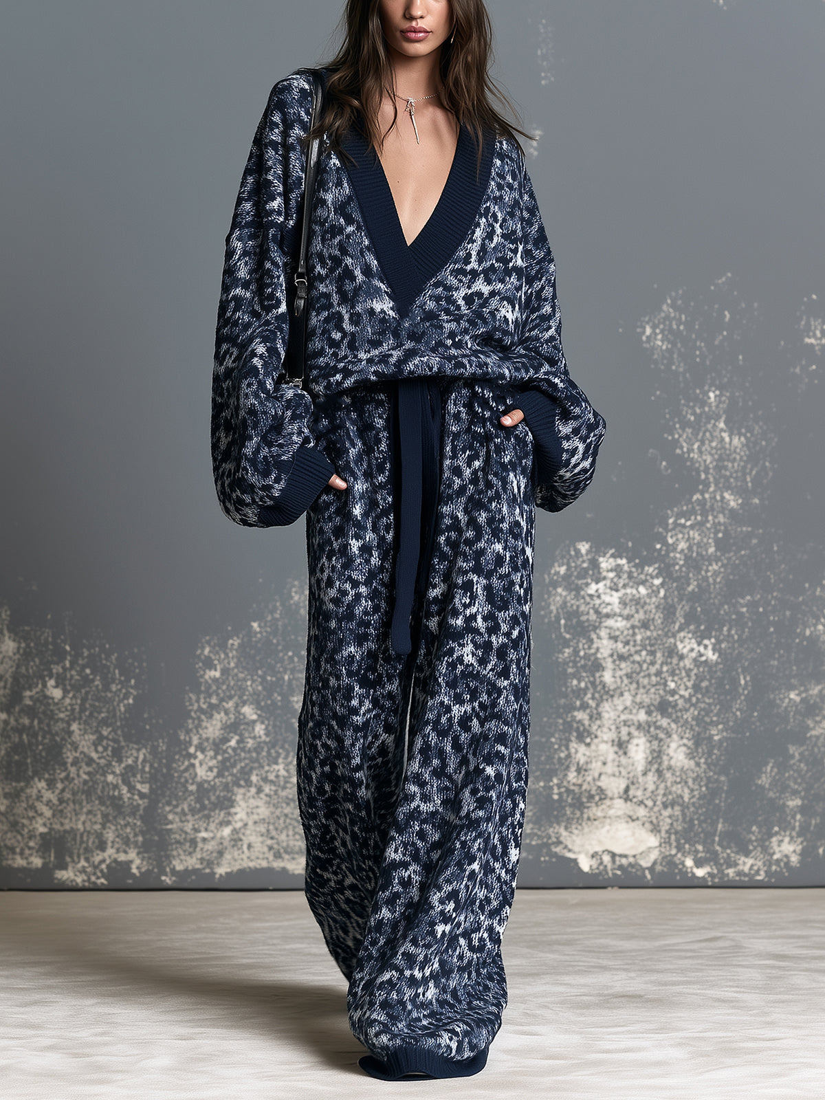 Chic Navy Blue Leopard Jacquard Deep V-Neck Dropped Shoulder Long-Sleeve Loose-Fit Sweater Drawstring-Waist Wide-Leg Pants Knit Two-Piece Set