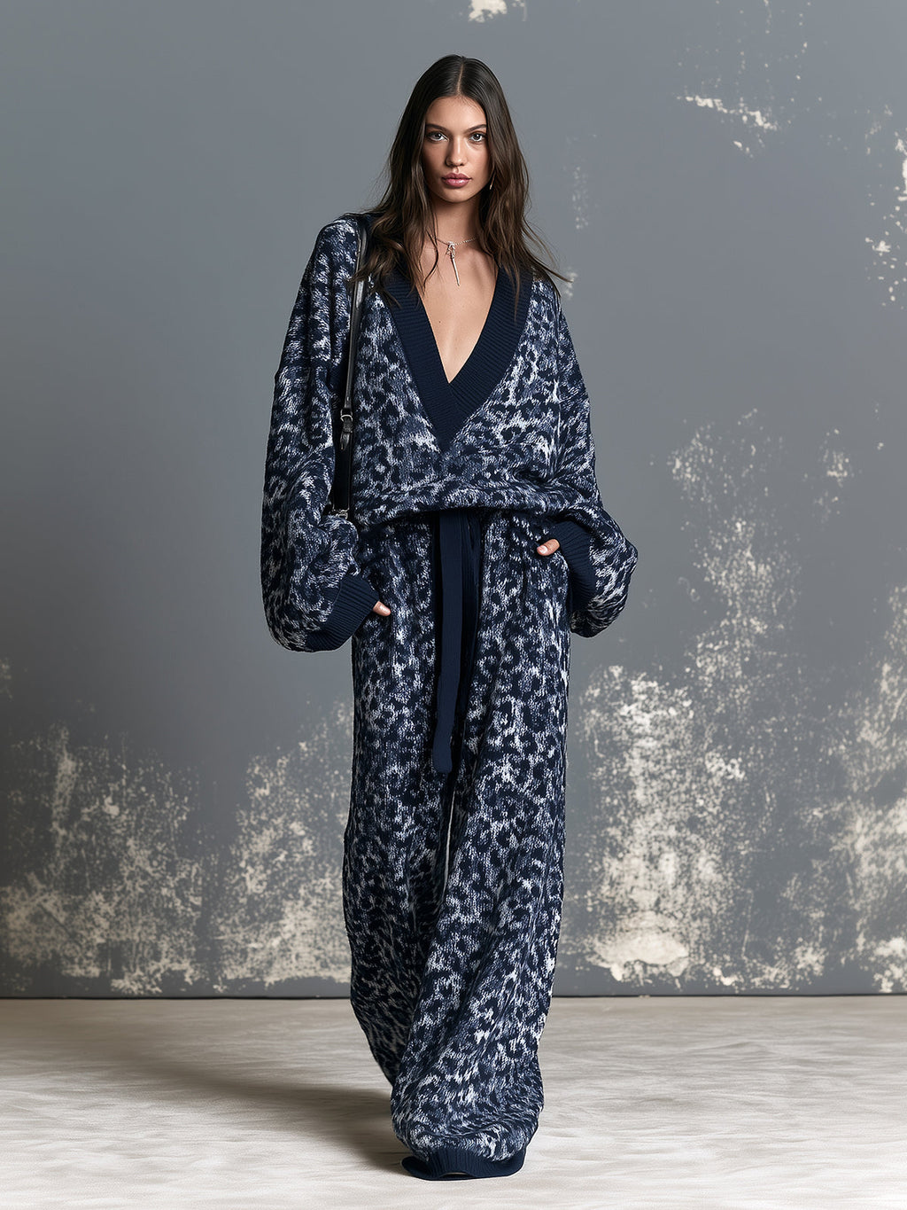 Chic Navy Blue Leopard Jacquard Deep V-Neck Dropped Shoulder Long-Sleeve Loose-Fit Sweater Drawstring-Waist Wide-Leg Pants Knit Two-Piece Set