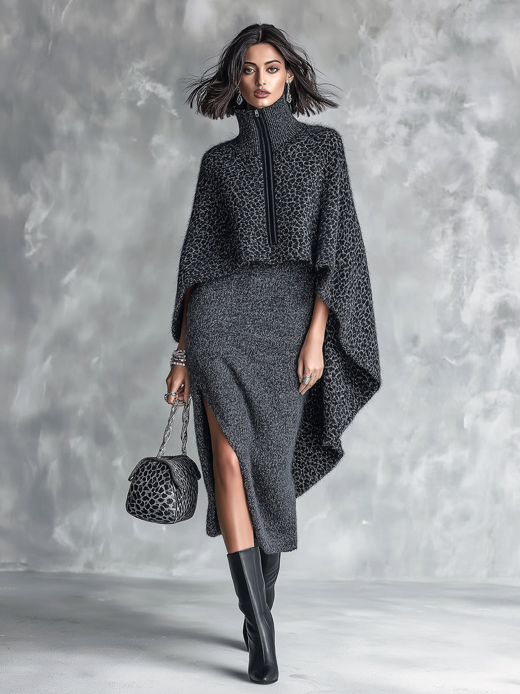 Chic Elegant Dark Gray Melange Spaghetti-Strap Side-Slit Bodycon Dress Leopard Zipper-Up Turtleneck Asymmetrical Hem Cape Knit Two-Piece Set