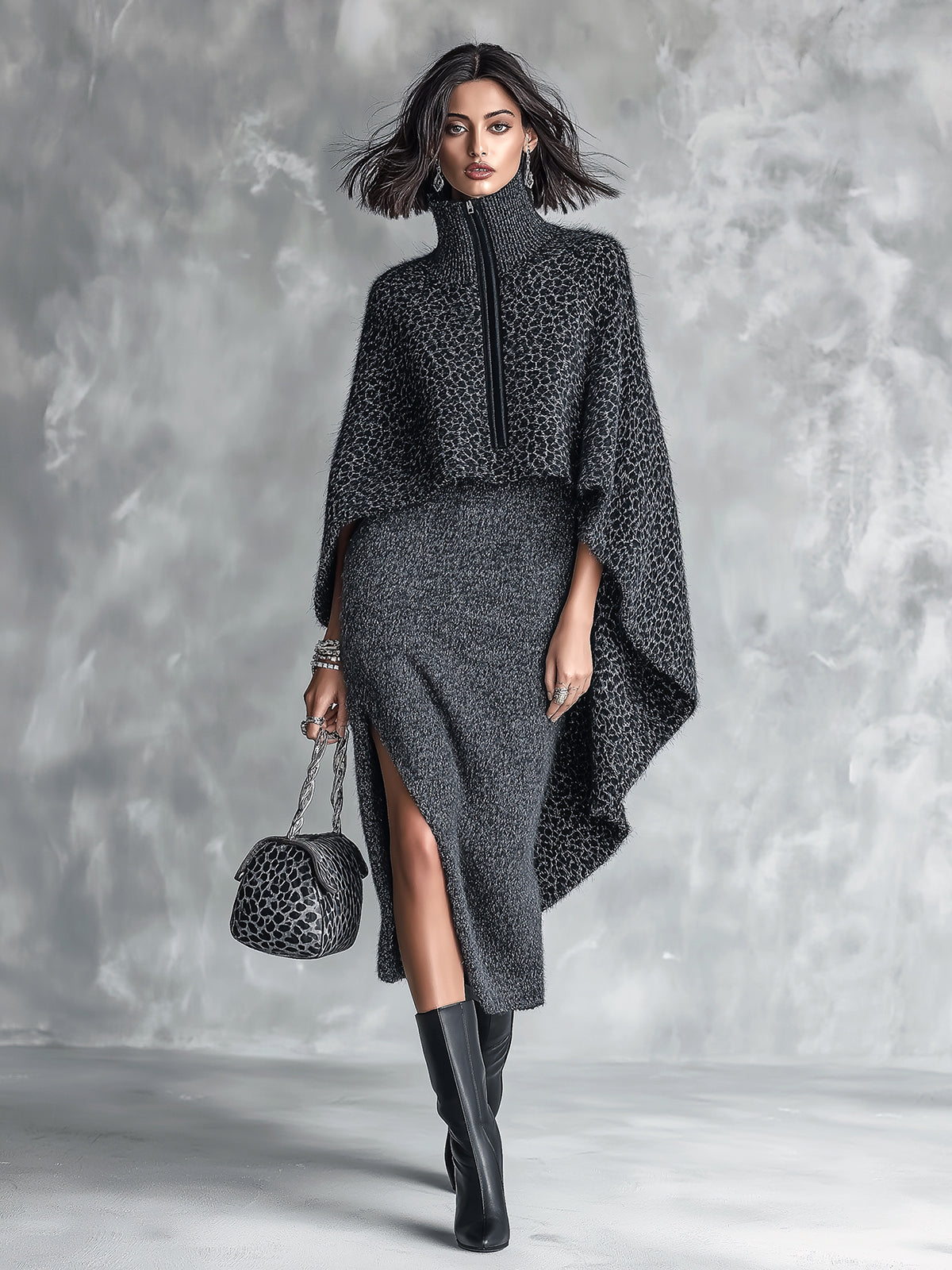Chic Elegant Dark Gray Melange Spaghetti-Strap Side-Slit Bodycon Dress Leopard Zipper-Up Turtleneck Asymmetrical Hem Cape Knit Two-Piece Set
