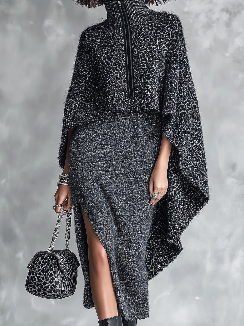Chic Elegant Dark Gray Melange Spaghetti-Strap Side-Slit Bodycon Dress Leopard Zipper-Up Turtleneck Asymmetrical Hem Cape Knit Two-Piece Set