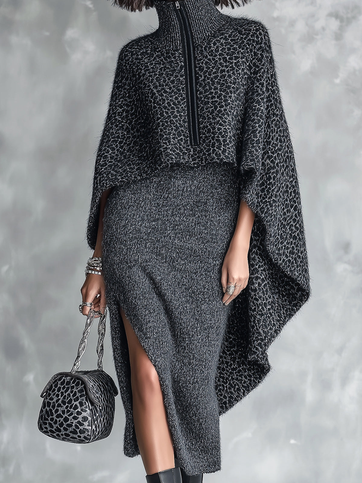 Chic Elegant Dark Gray Melange Spaghetti-Strap Side-Slit Bodycon Dress Leopard Zipper-Up Turtleneck Asymmetrical Hem Cape Knit Two-Piece Set