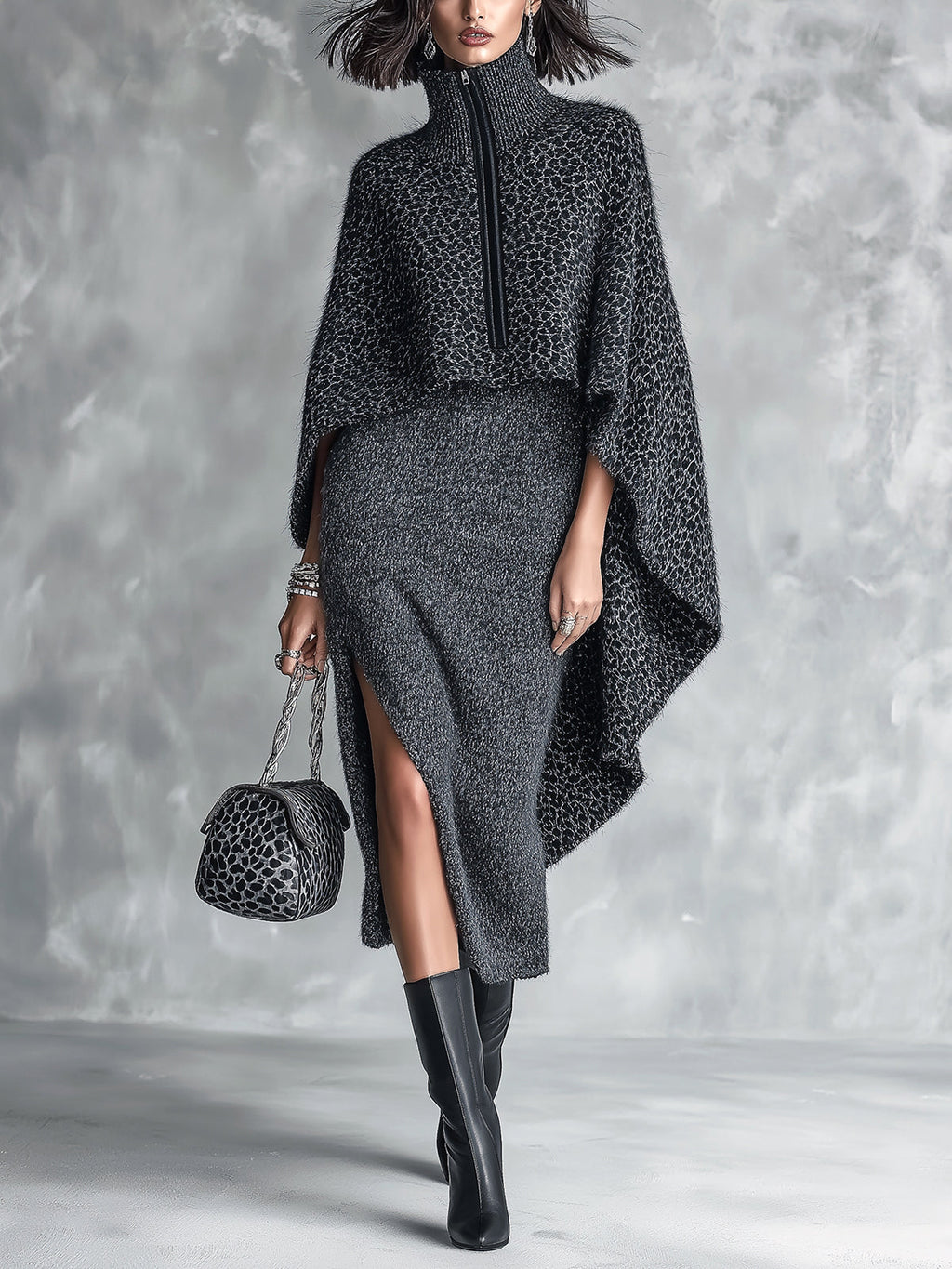 Chic Elegant Dark Gray Melange Spaghetti-Strap Side-Slit Bodycon Dress Leopard Zipper-Up Turtleneck Asymmetrical Hem Cape Knit Two-Piece Set