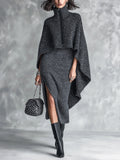 Chic Elegant Dark Gray Melange Spaghetti-Strap Side-Slit Bodycon Dress Leopard Zipper-Up Turtleneck Asymmetrical Hem Cape Knit Two-Piece Set