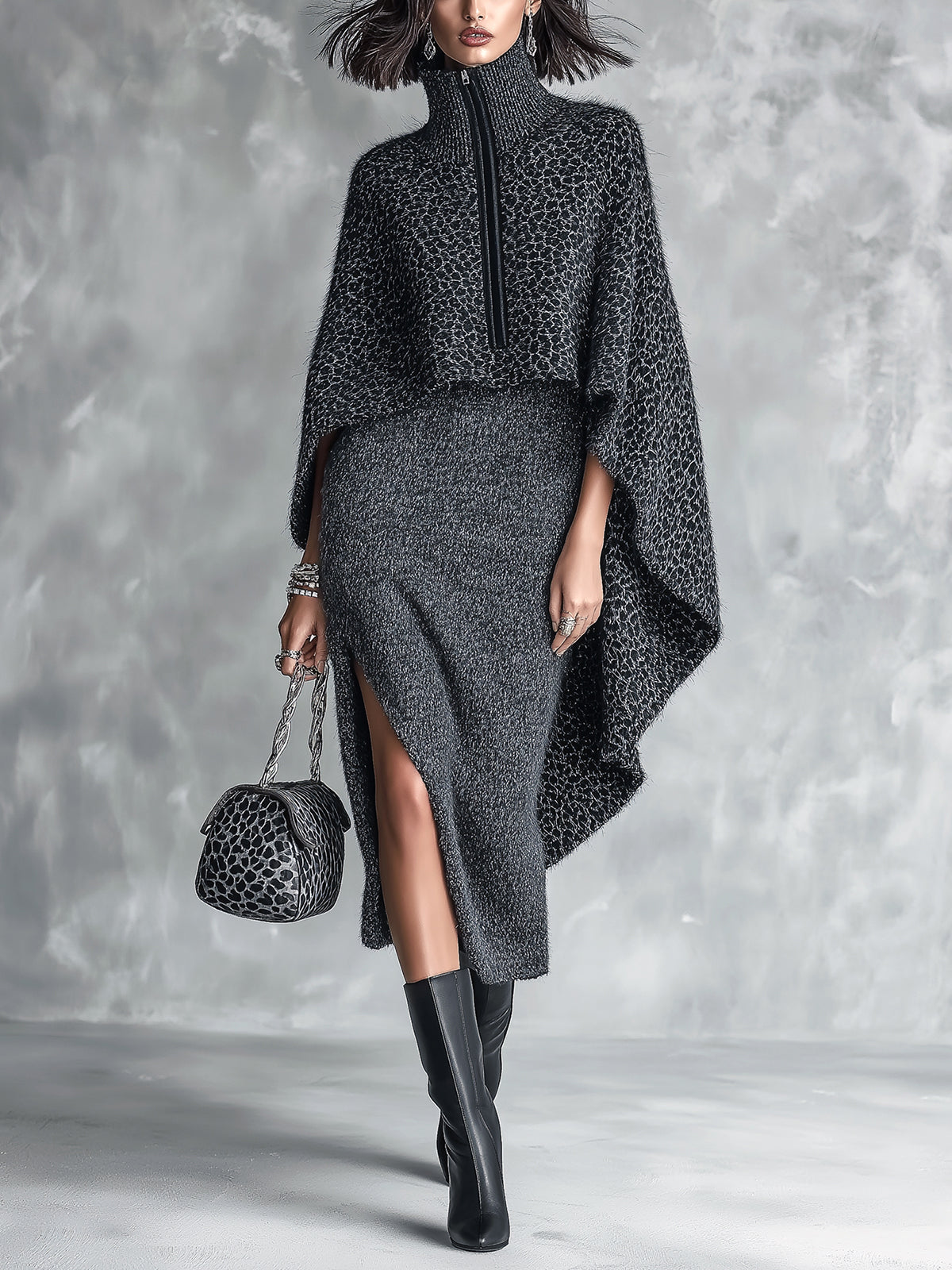 Chic Elegant Dark Gray Melange Spaghetti-Strap Side-Slit Bodycon Dress Leopard Zipper-Up Turtleneck Asymmetrical Hem Cape Knit Two-Piece Set