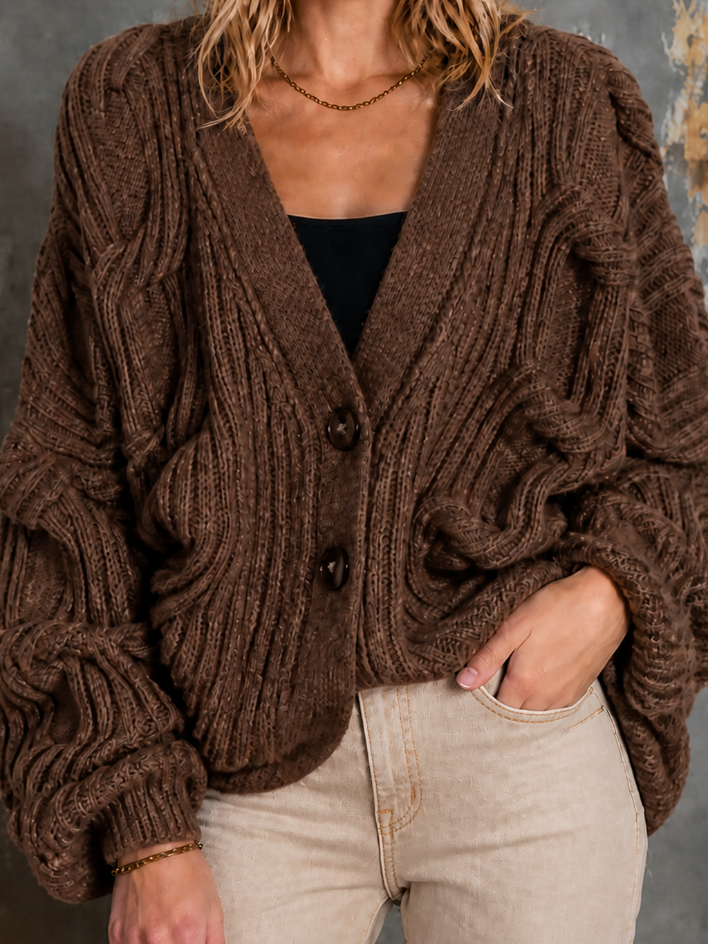 Chic Elegant Brown V-Neck Single-Breasted Dropped Shoulder Long-Sleeve Loose-Fit Cable Knit Cardigan Top