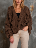 Chic Elegant Brown V-Neck Single-Breasted Dropped Shoulder Long-Sleeve Loose-Fit Cable Knit Cardigan Top