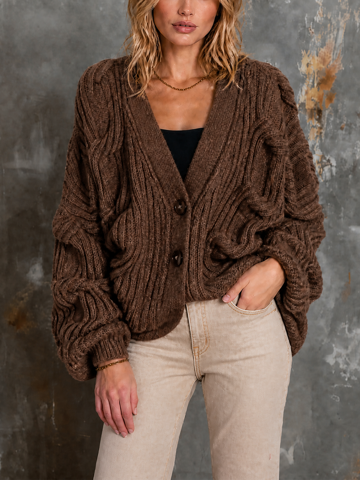 Chic Elegant Brown V-Neck Single-Breasted Dropped Shoulder Long-Sleeve Loose-Fit Cable Knit Cardigan Top