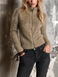 Chic Elegant Light Taupe Stand Turtleneck Zipper Placket Long-Sleeve Slim-Fit Fuzzy Mohair Knit Cardigan Top