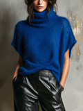 Chic Casual Royal Blue Cowl Neck Batwing Short Sleeve Loose-Fit Fuzzy Mohair Knit Sweater Top