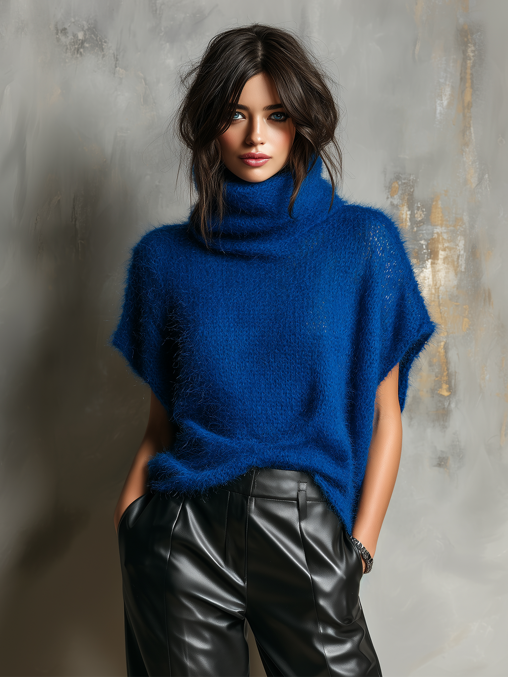 Chic Casual Royal Blue Cowl Neck Batwing Short Sleeve Loose-Fit Fuzzy Mohair Knit Sweater Top