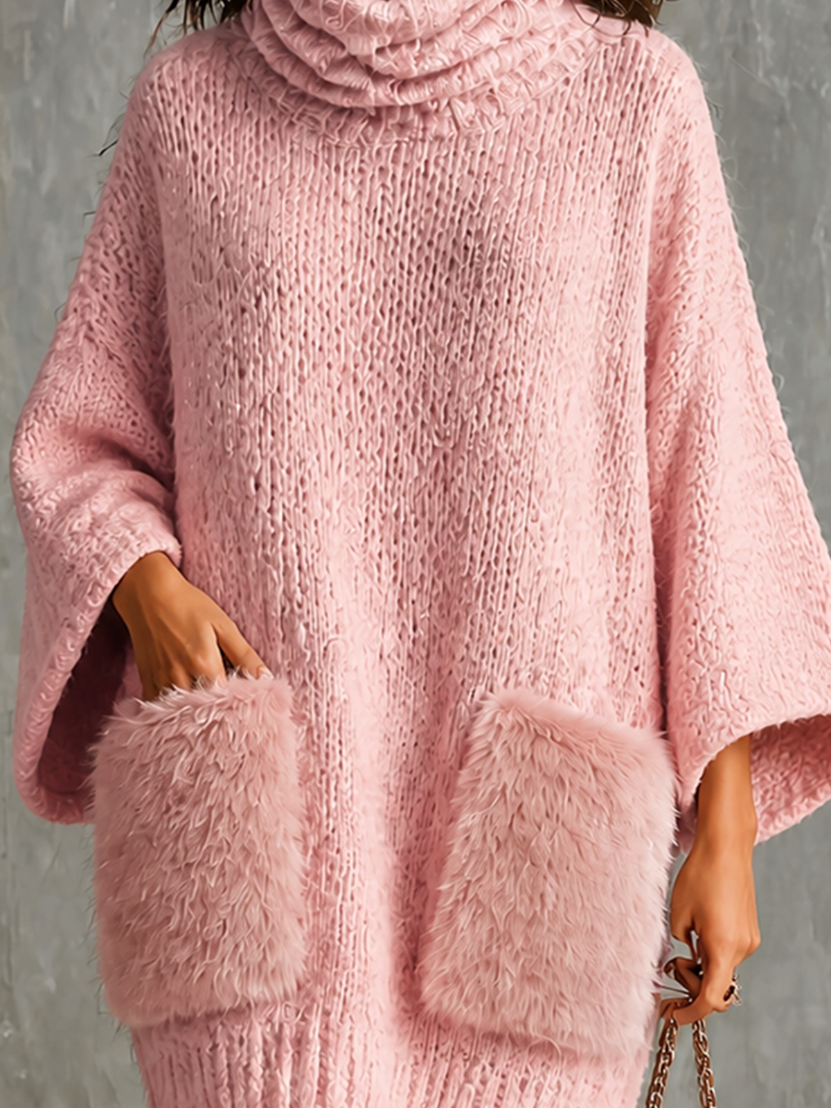 Chic Casual Dusty Pink Cowl Neck Flare Three-Quarter Loose Sleeves Faux Fur Plush Patch Pockets Loose-Fit Knit Mini Dress