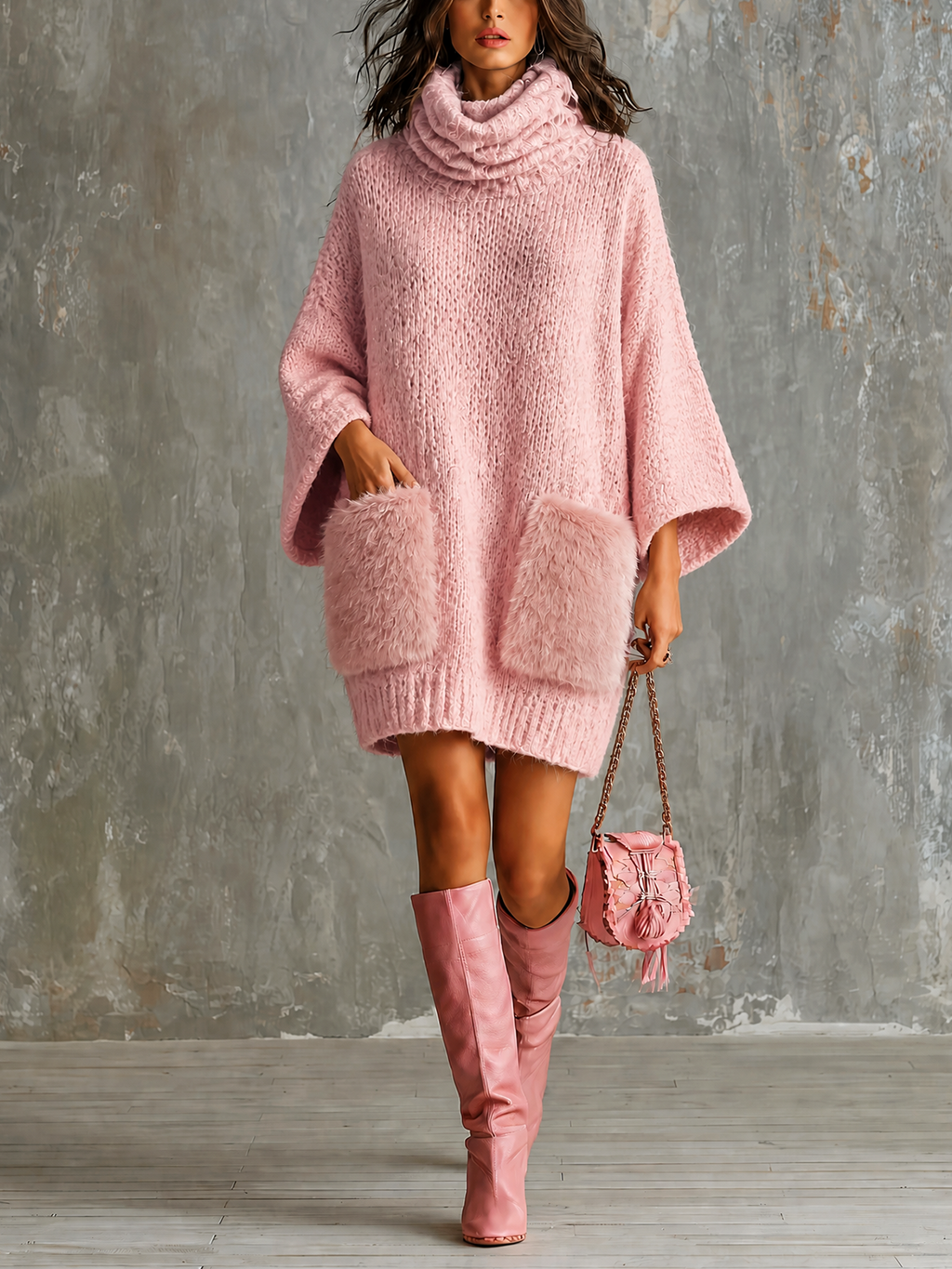 Chic Casual Dusty Pink Cowl Neck Flare Three-Quarter Loose Sleeves Faux Fur Plush Patch Pockets Loose-Fit Knit Mini Dress