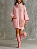 Chic Casual Dusty Pink Cowl Neck Flare Three-Quarter Loose Sleeves Faux Fur Plush Patch Pockets Loose-Fit Knit Mini Dress
