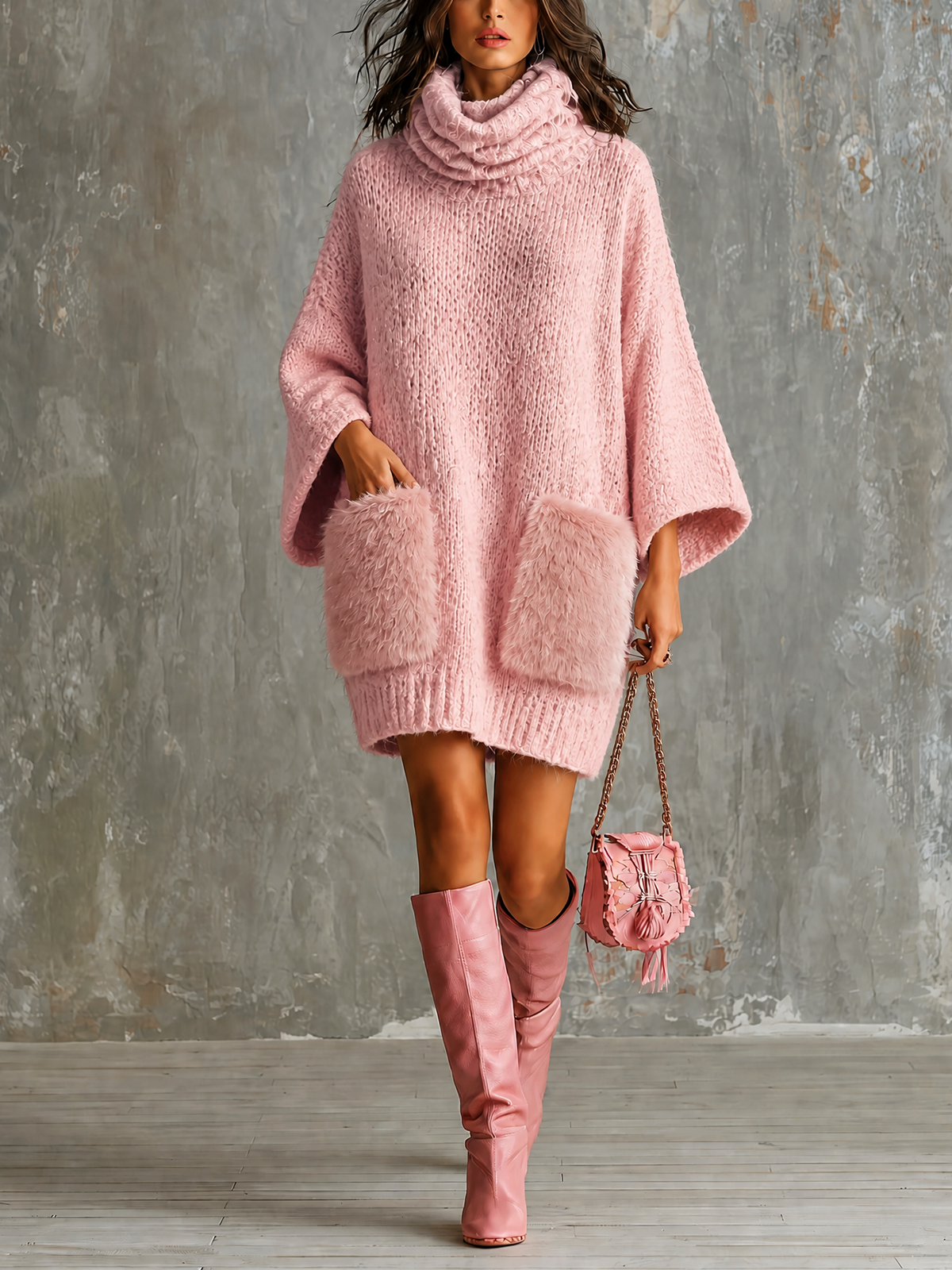 Chic Casual Dusty Pink Cowl Neck Flare Three-Quarter Loose Sleeves Faux Fur Plush Patch Pockets Loose-Fit Knit Mini Dress