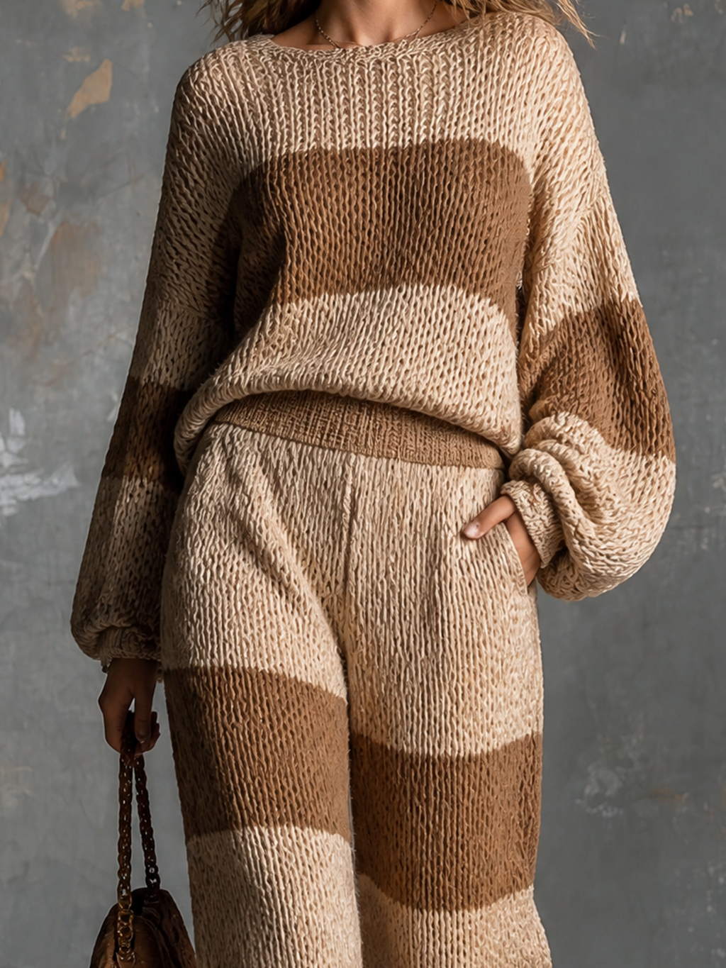 Chic Elegant Camel-Beige Wide Stripe Boat Neck Long-Sleeve Loose-Fit Sweater Elastic-Waist Pants Knit Two-Piece Set